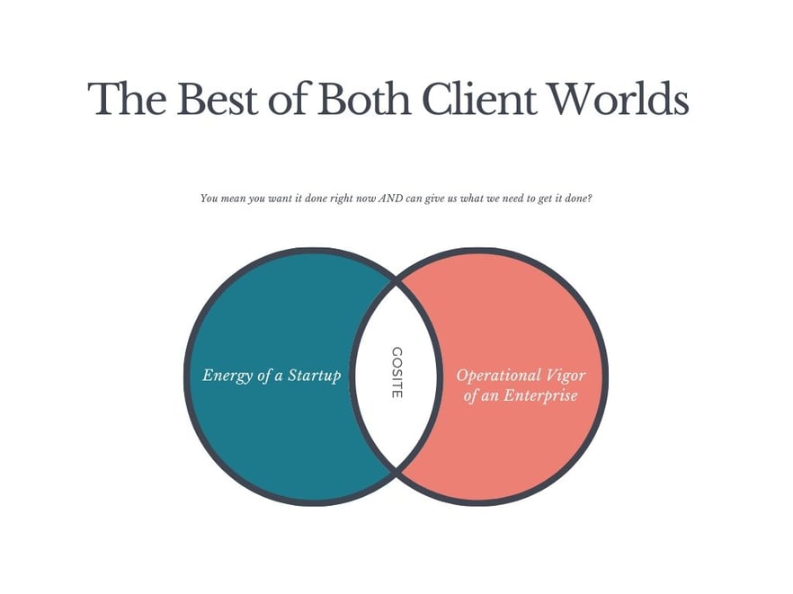 venn diagram titled The Best of Both Client Worlds showing GoSite as the intersection of the Energy of a Startup and the Operational Vigor of an Enterprise