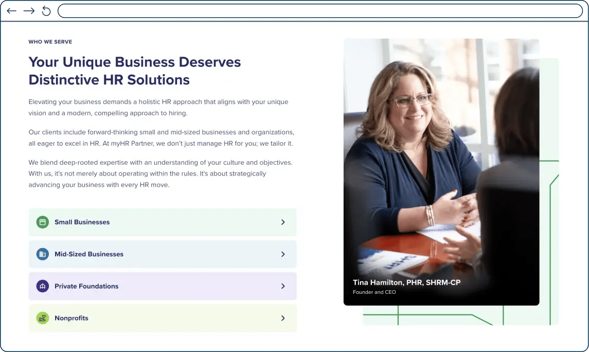 myHR Partner website screenshot of their who we serve section