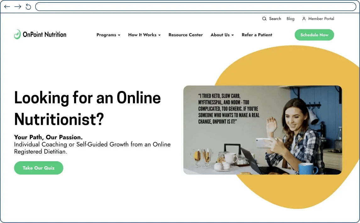 onpoint nutrition website screenshot of their homepage hero section