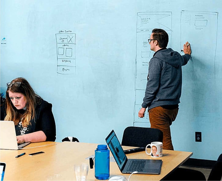 Trish at her laptop and Ryan standing by a whiteboard wall drawing website page wireframes